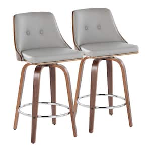 Gianna 25.75 in. Lt. Grey Faux Leather, Walnut Wood & Chrome Metal Fixed-Height Counter Stool Round Footrest (Set of 2)