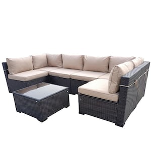 7-Pieces Wicker Outdoor Sectional Corner Sofa Set with Coffee Table and 8 cm. Khaki Cushions