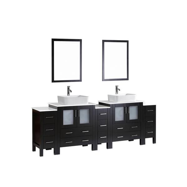 Bosconi 96 in. Double Vanity in Espresso w/ Pheonix Stone Vanity Top in White w/ White Basin and Mirror