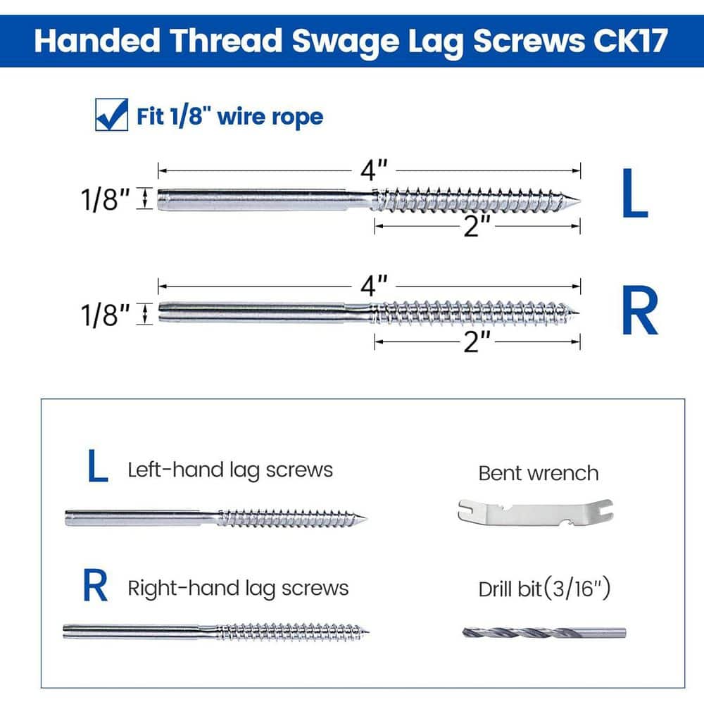 T316 Stainless Steel Cable Railing Hardware Kit 1/8 Swage Lag Screws Left Right Handed for Wood Post (100-Pack) price history on PriceWatchPro