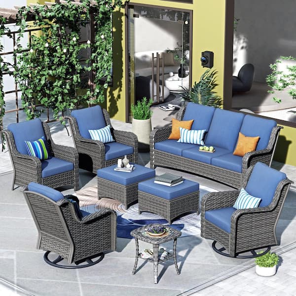 HOOOWOOO Oreille Grey 8-Piece Wicker Outdoor Patio Conversation Sofa Set with Swivel Rocking Chairs and Denim Blue Cushions