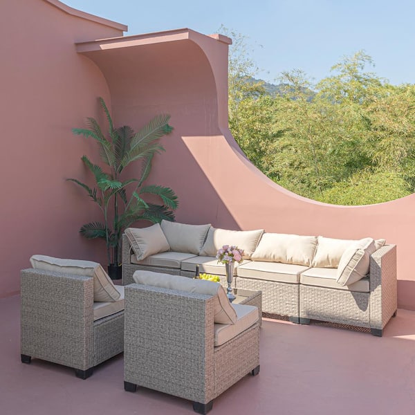Sudzendf Beige 7-Piece Metal Outdoor Patio Conversation Set Sectional Sofa with Khaki Cushions