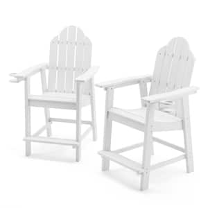 All Weather Plastic Composite Outdoor Bar Stool Adirondack Arm Chairs with Cup Holder-White(set of 2)