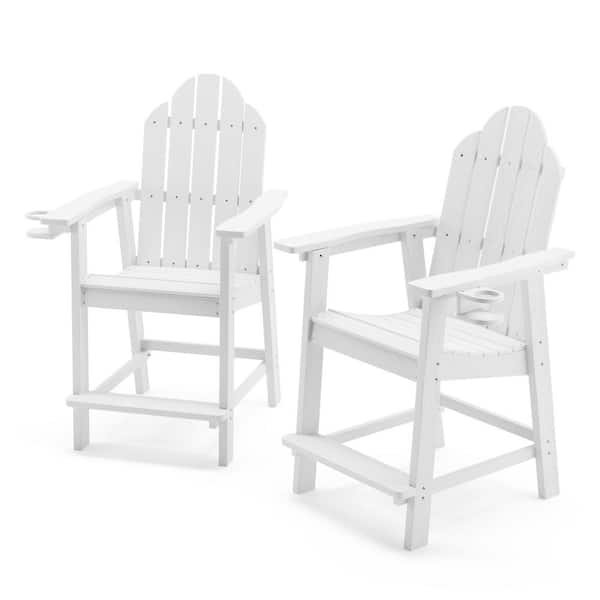 LUE BONA All Weather Plastic Composite Outdoor Bar Stool Adirondack Arm Chairs with Cup Holder-White(set of 2)