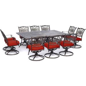 Traditions 11-Piece Aluminum Outdoor Dining Set with 10 Swivel Rockers and Red Cushions