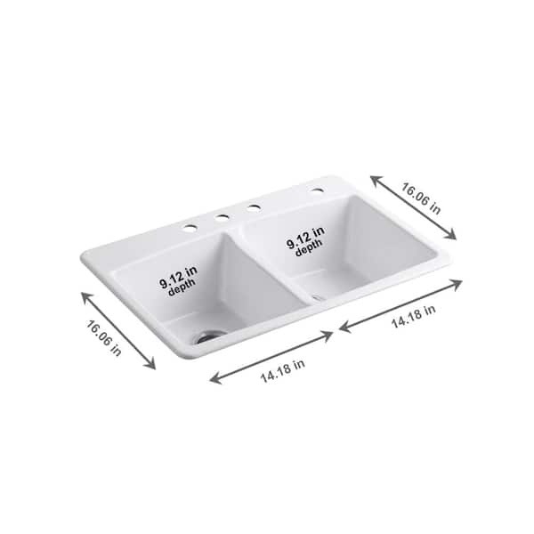KOHLER Brookfield White Cast Iron 33 in. 4-Hole Double Bowl Drop-in Kitchen Sink