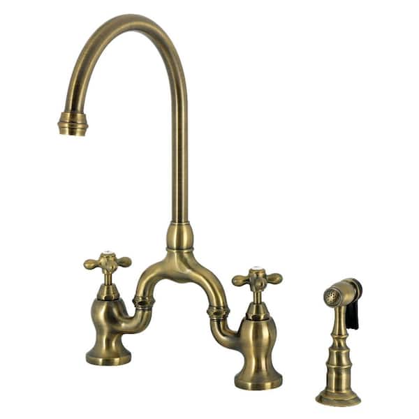 English Country 2-Handle Bridge Kitchen Faucet in Antique Brass