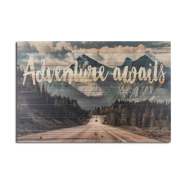 Adventure Awaits Mountains Planked Wood Travel Art Print 24 in. x