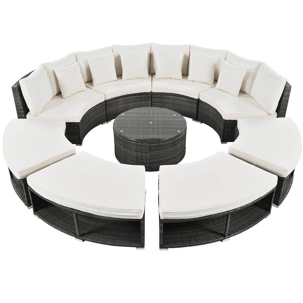 ITOPFOX 9-Piece Beige Metal Rattan Circular Outdoor Sectional Set Sofa ...