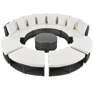 9-Piece Beige Metal Rattan Circular Outdoor Sectional Set Sofa with Tempered Glass Coffee Table, Cushions and 6 Pillow