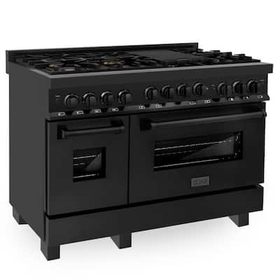 48" 6.0 cu. ft. Double Oven Gas Range with Gas Stove and Gas Oven in Black Stainless Steel