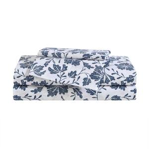 Woodblock Floral 3 Piece White/Blue Cotton Twin Sheet Set