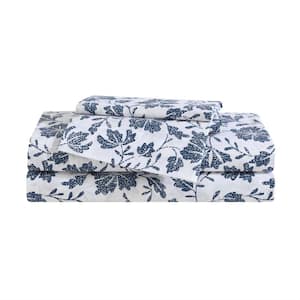 Woodblock Floral 4-Piece White/Blue Cotton Full Sheet Set