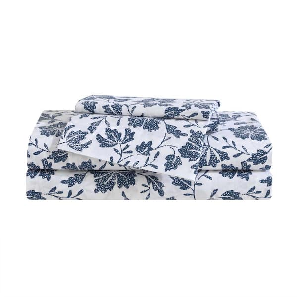 Eddie Bauer Woodblock Floral 4-Piece White/Blue Cotton Queen Sheet Set