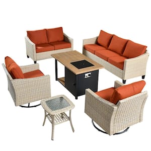 Oconee 6-Piece Wicker Outdoor Patio Fire Pit Conversation Sofa Loveseat Set with Swivel Chairs and Orange Red Cushions