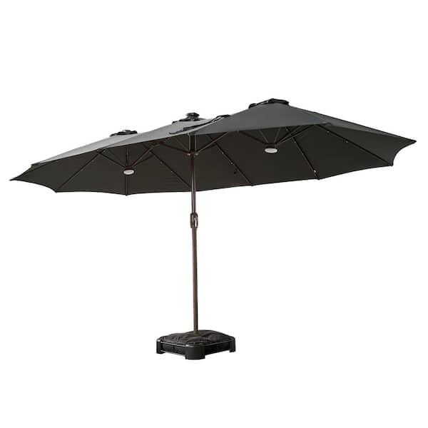 15 ft. x 9 ft. Rectangular Metal Solar LED Double-sided Market Patio Umbrella with Base and Crank in Dark Gray