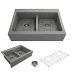 Nuova Matte Gray Fireclay 34 in. Double Bowl Drop-In Apron Front Kitchen Sink with Protective Grids and Strainers