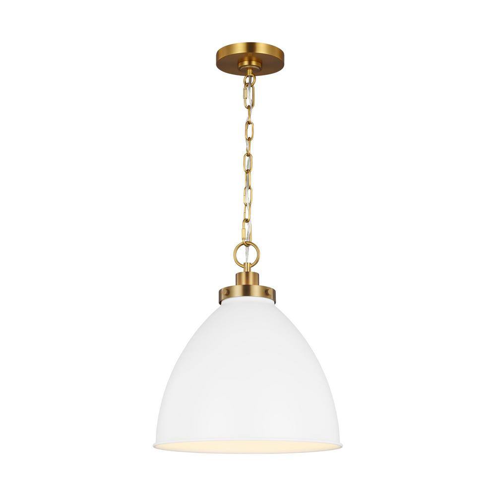 Matte White and Burnished Brass 13.5" Indoor/Outdoor Dome Pendant