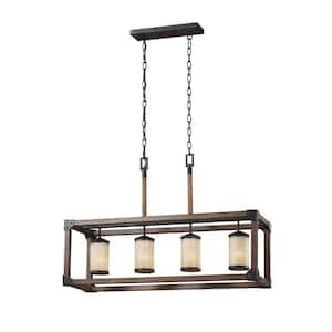 Dunning 4-Light Weathered Gray and Distressed Oak Farmhouse Rectangular Island Chandelier with Parchment Glass Shades