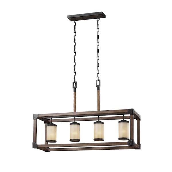 Generation Lighting Dunning 4-Light Weathered Gray and Distressed Oak Farmhouse Rectangular Island Chandelier with Parchment Glass Shades