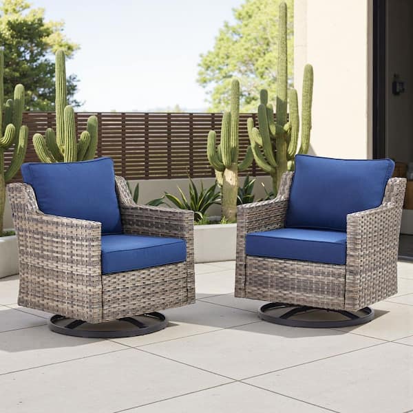 GlideRail Gray Swivel Glider Wicker Outdoor Rocking Chair with Blue Cushions Patio Swivel Chairs Set (2-Piece)