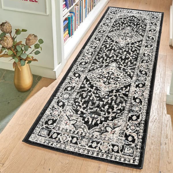 Heirloom Fluer Black 2 ft. x 6 ft. Oriental Medallion Indoor Runner Rug