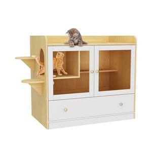 Luxury Cat Litter Box Enclosure, Multi-Purpose Cat Condo Hidden Litter Box with Drawer and Stairs for Cat White with Log