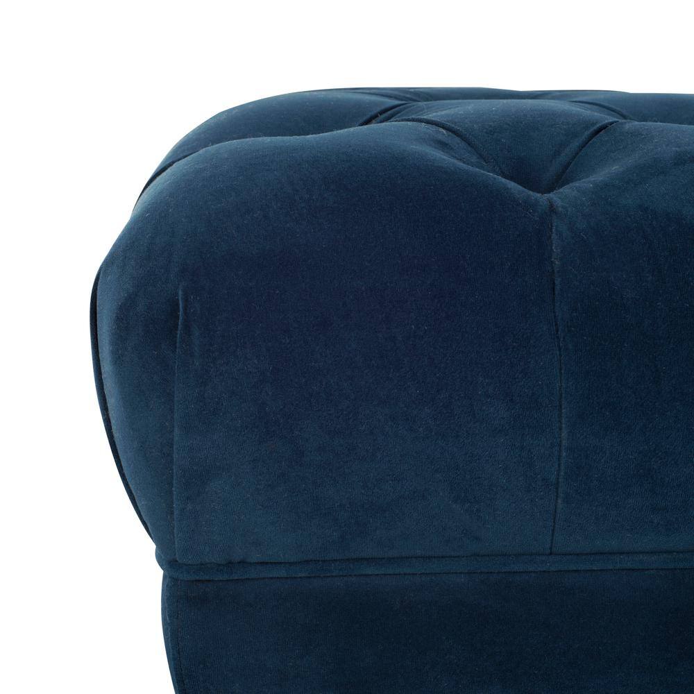 Transitional Navy Velvet Tufted Bench with Brass Legs