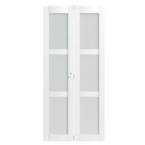 32 in. x 80 in. 3-Panel Frosted Glass Solid Core White PVC Covering MDF Bi-fold Doors with Locks and Handles