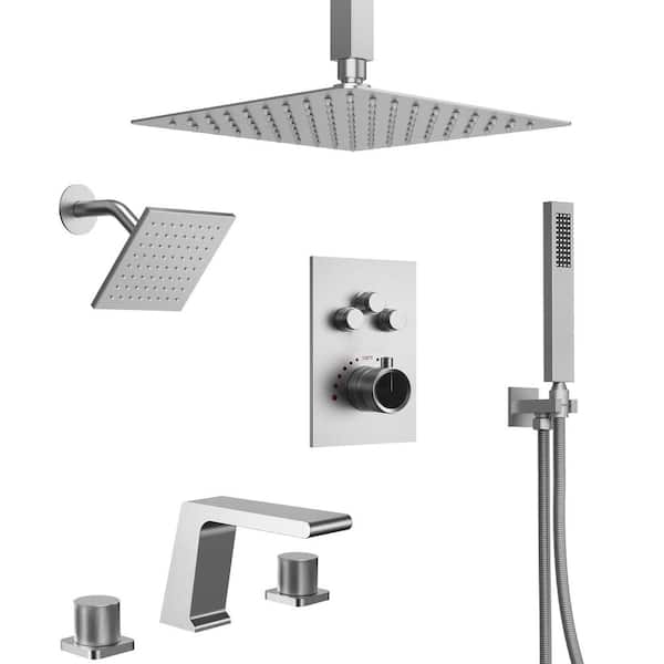 GRANDJOY MultiplePress 12in. Dual 7-Spray Ceiling Mount Fixed and Handheld Shower Head 2.5GPM with Basin Faucet in Brushed Nickel