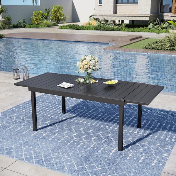 PHI VILLA Black Rectangle Metal Patio Outdoor Dining Table with Extension