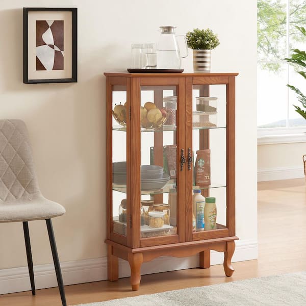 Fairfax Oak Wood 43.5 in. Curio Display Cabinet with 2 Tempered Glass Doors and Adjustable Glass Shelves