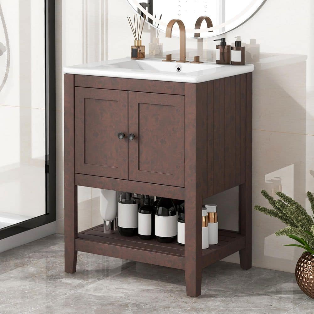 24 in. W x 17.8 in. D x 33.6 in. H Single Sink Solid Wood Frame Freestanding Bath Vanity in Brown with White Ceramic Top price history on PriceWatchPro