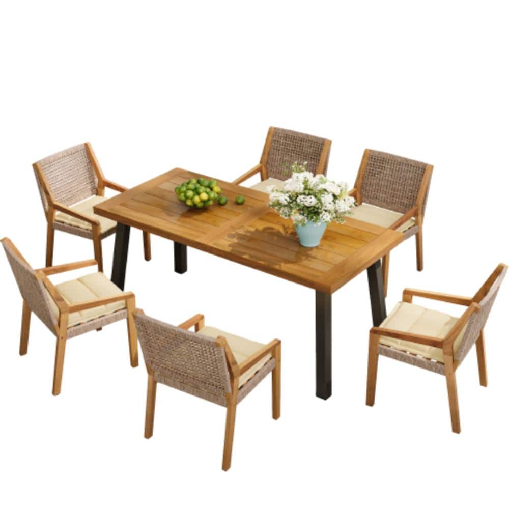 7-Piece Acacia Wood Outdoor Conversation Patio Furniture Set with Beige Cushions
