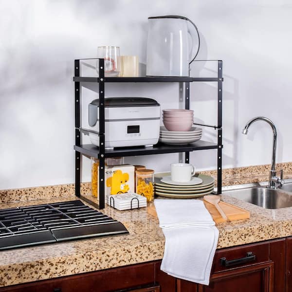 2-Pack Black Adjustable Height Expandable Stackable Cabinet Pantry Shelf Organizer Rack