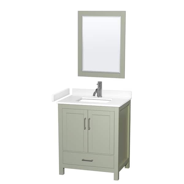 Wyndham Collection Sheffield 30 in. W x 22 in. D x 35 in. H Single Bath Vanity in Light Green with White Cultured Marble Top & 24" Mirror