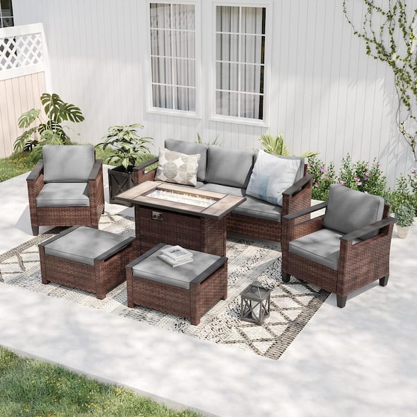 Sonkuki 6 Pieces Brown Wicker Gray Cushion Patio Conversation Set with Rectangle Firepit Table and Ottomans