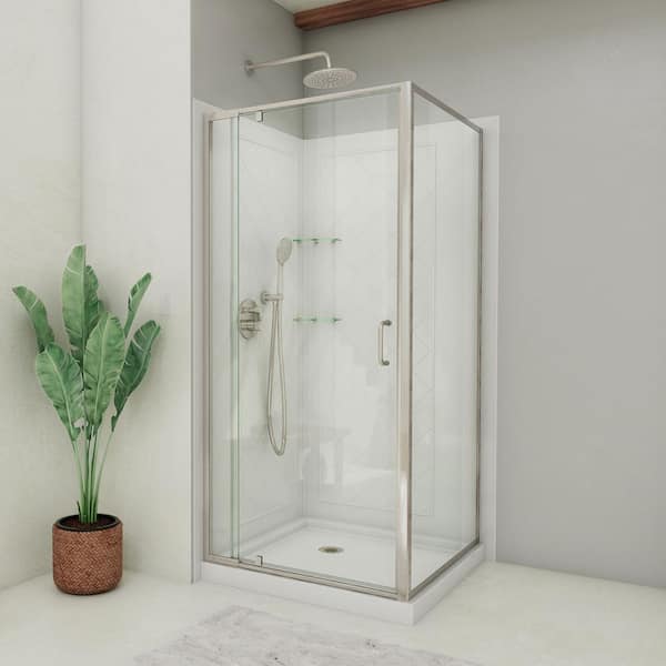 Flex 36 in. x 36 in. x 76.75 in. Framed Corner Pivot Shower Kit in Brushed Nickel with Shower Base in White