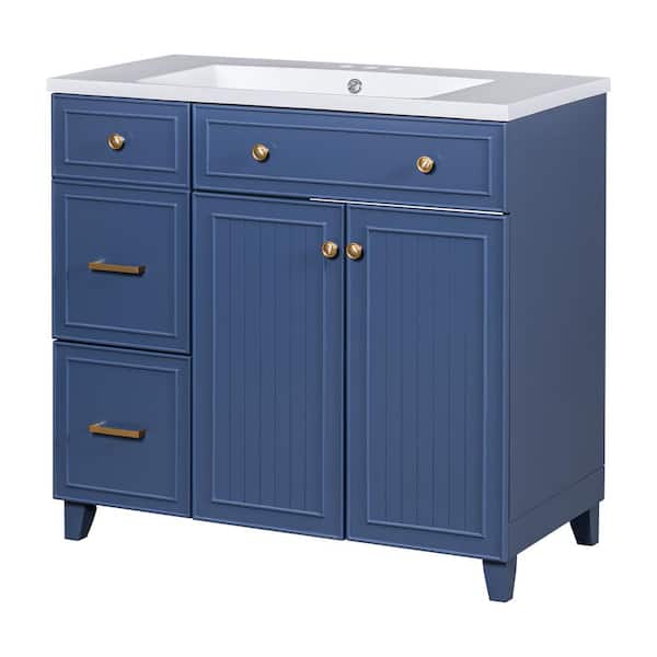 JimsMaison 36 in. W x 18 in. D x 34 in. H Single Sink Freestanding Bath Vanity in Navy Blue with White Resin Top