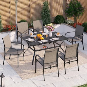 Black 7-Piece Metal Slat Rectangle Table Outdoor Patio Dining Set with Brown Textilene Chairs
