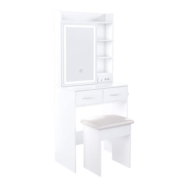 INNOBULE 3.62 in. White Makeup Vanity Set Desk with Mirror, Adjustable LED Lights, Power Outlet, Storage, padded stool and Shelf