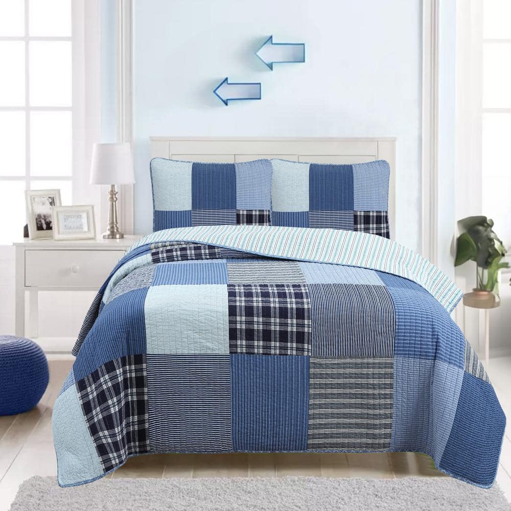 Twin Blue Cotton Reversible Patchwork Quilt Bedding Set