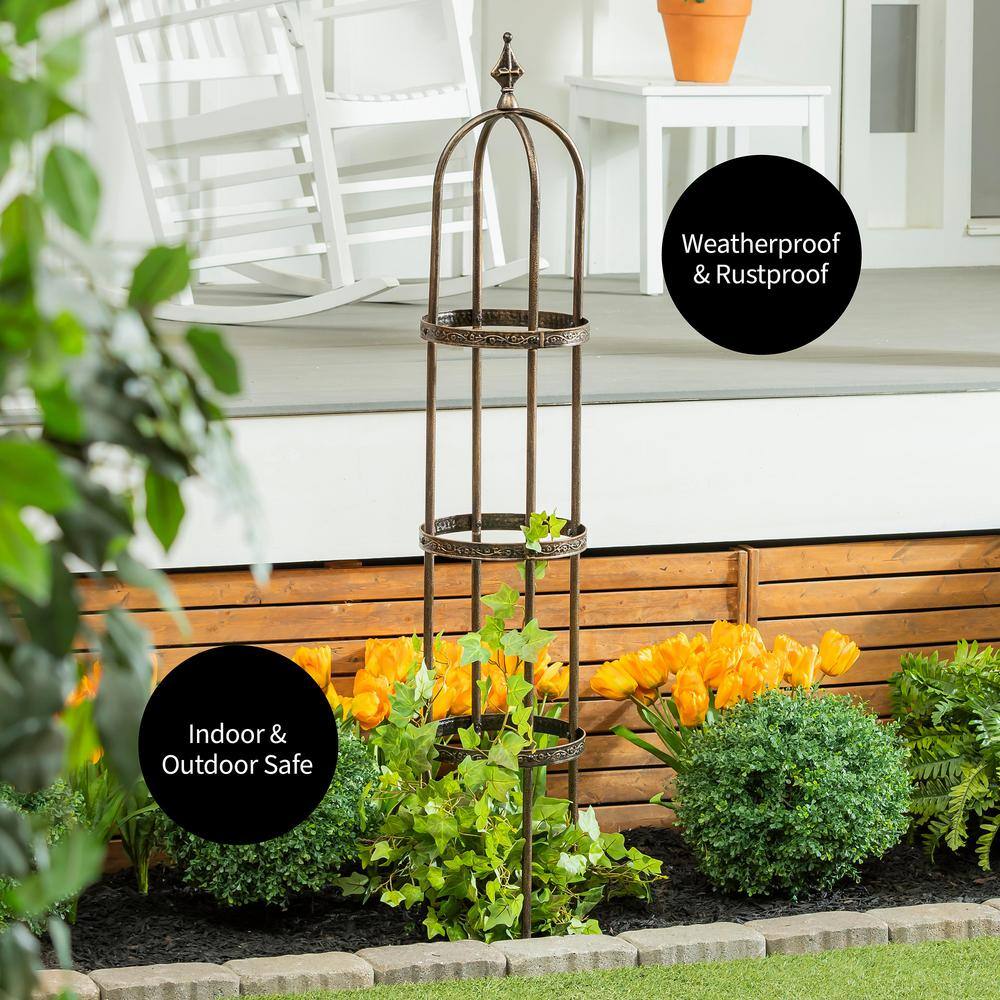 Bronze Steel 5 ft Garden Obelisk Trellis with Floral Pattern