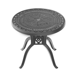 31.50 in. Cast Aluminum Patio Dining Table with Black Frame and Umbrella Hole Metal Carved Lines Pattern Outdoor Decor