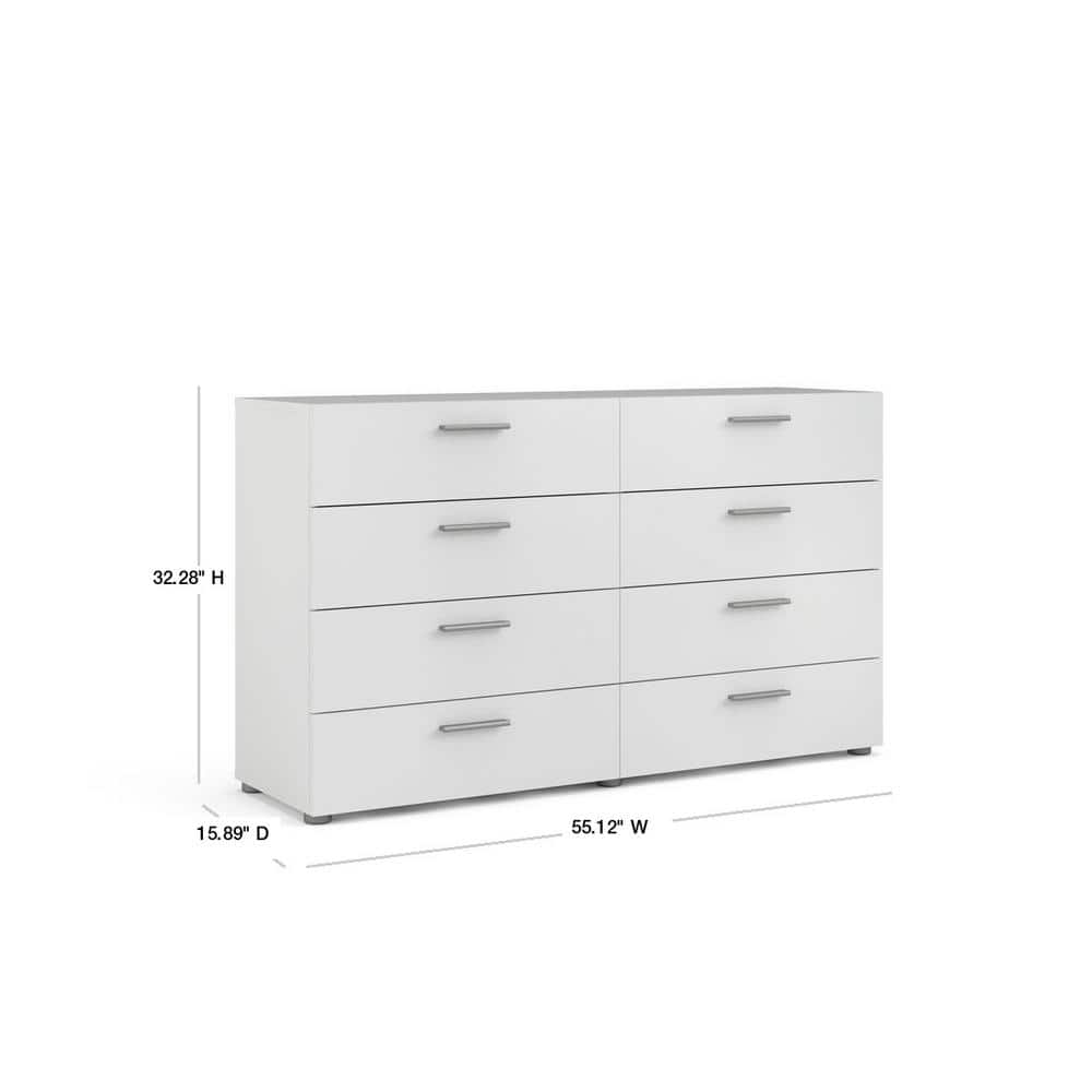 White MDF Double Dresser with 8 Horizontal Drawers