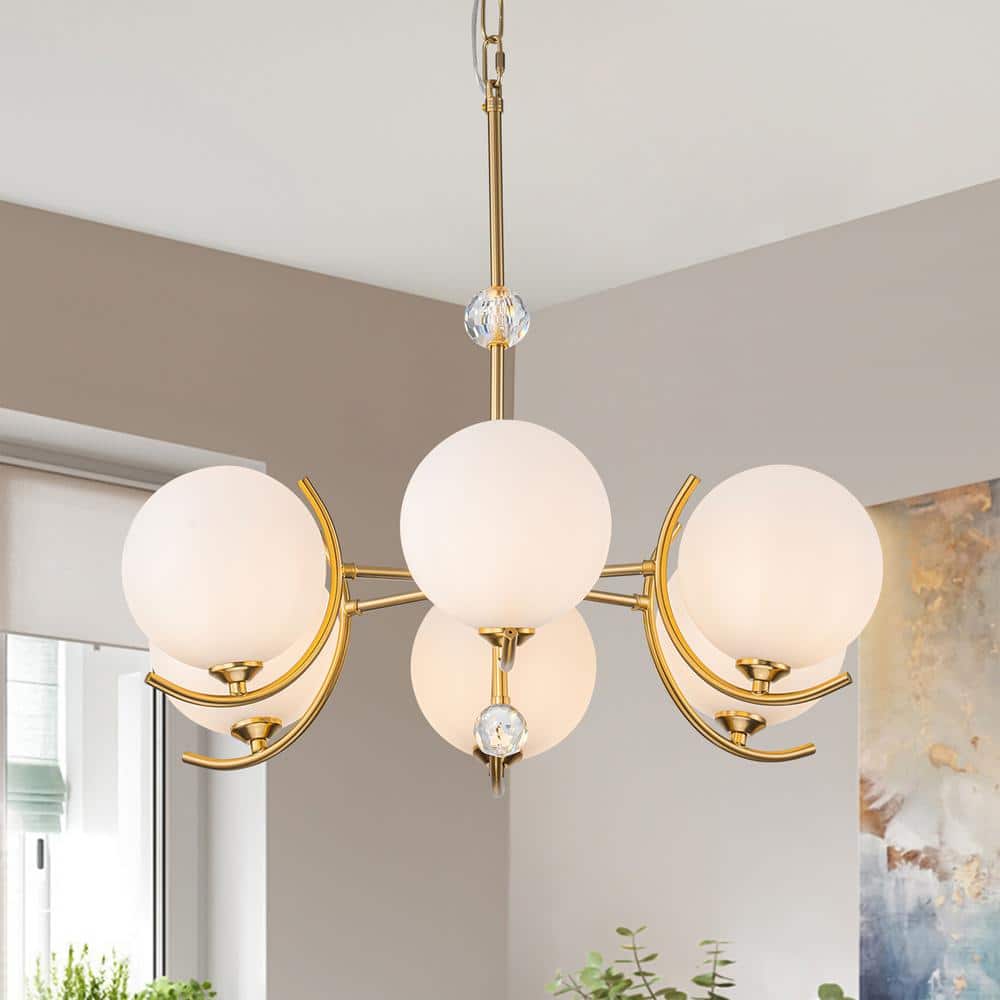 6-Light Gold Modern/Contemporary Chandelier with White Globe Glass Shades