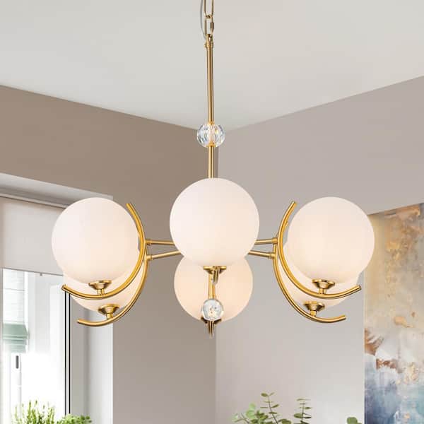 GoYeel 6-Light Gold Modern/Contemporary Chandelier with White Globe Glass Shades