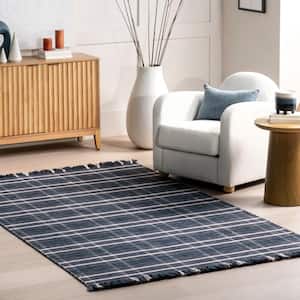 Loretta Plaid Wool Fringe Area Rug Blue Doormat 2 ft. x 3 ft.  Accent Rug