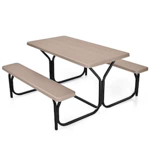 54 in. Coffee Rectangle Metal Outdoor Picnic Table Bench Set with HDPE Table Top And Bench Top