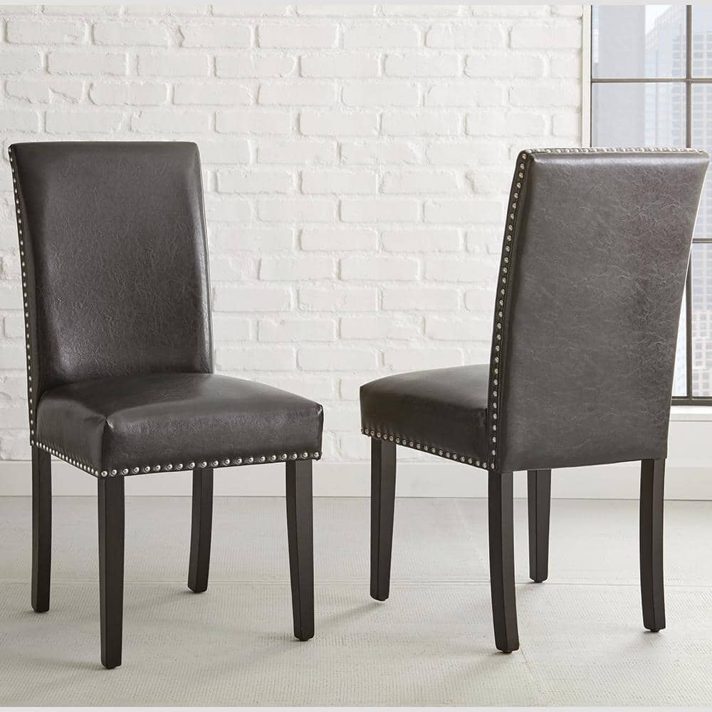 Sleek Black Faux Leather Parsons Side Chair with Nailhead Trim, Set of 2
